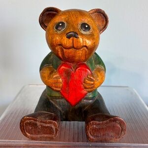 Vintage Hand Painted Wooden Valentine Teddy Bear Holding Heart